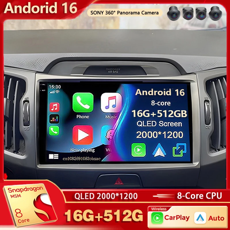 Android 16 para KIA Sportage 3 2010-2016 2015 2K QLED con Voz AI, CarPlay Inalámbrico, Radio Estéreo 4G para Auto, Reproductor Multimedia de Video para Auto
