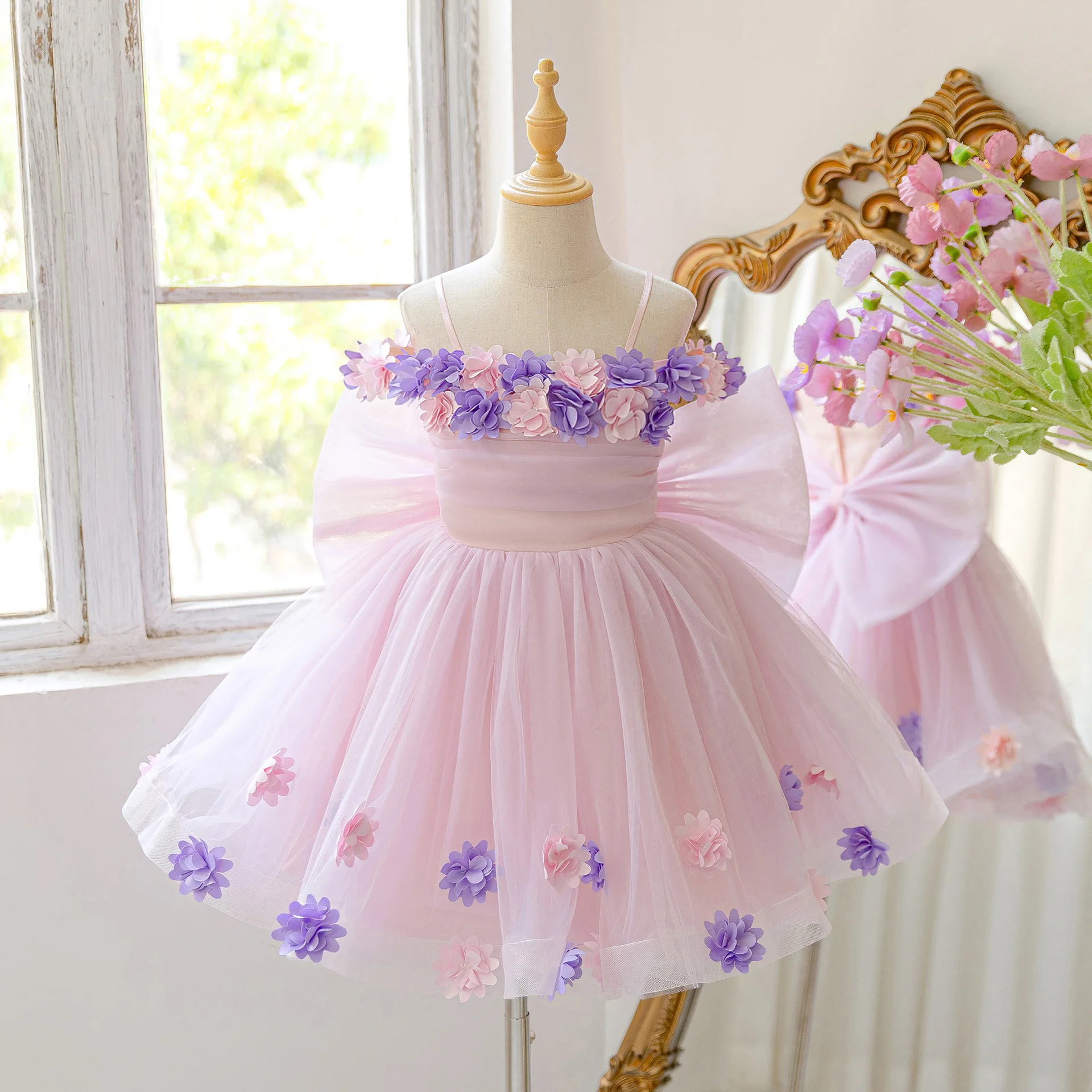 European and American New Three-dimensional Flower Dress Mesh Large Bow Fluffy Skirt Children Walking Performance Dress