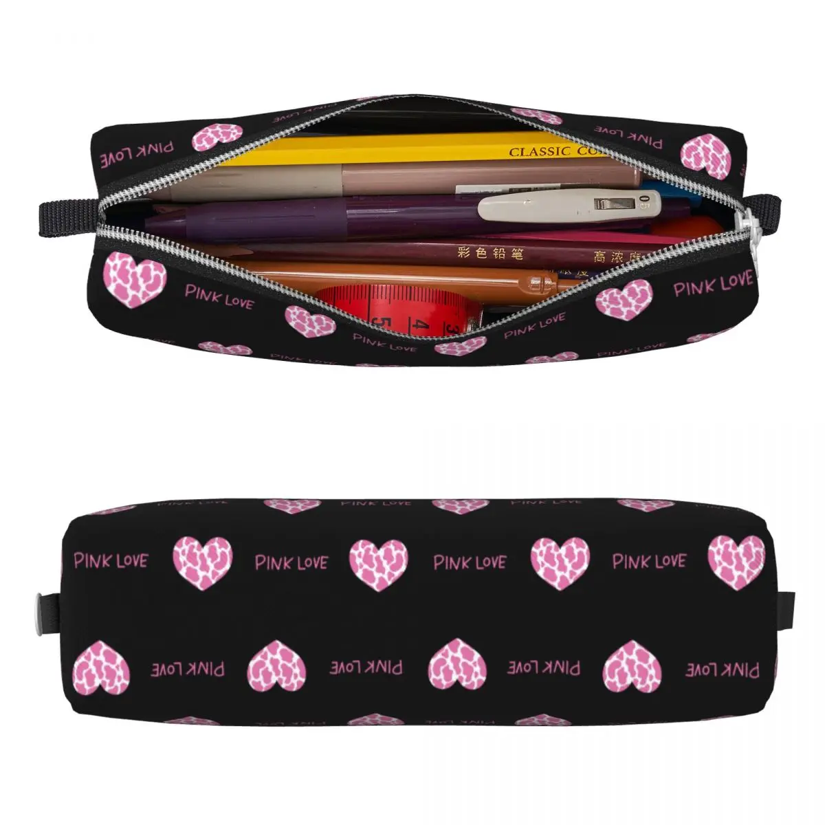 Fun Cute Heart Pink Love Pencil Case Black Pencilcases Pen for Student Big Capacity Bags Office Zipper Stationery