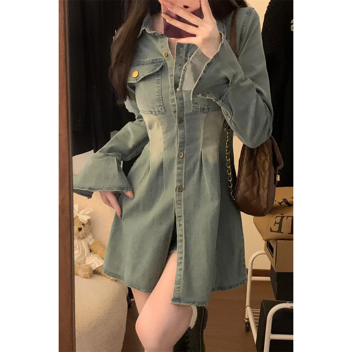 

Retro Style Long-sleeved Denim Shirt Dress Children's Autumn Suit Waist Short Pants Two-piece Set