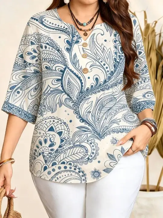 Women Ethnic Paisley Botanical Full Print Blouse Notched Neck 3/4 Sleeve Loose Fit For Curvy Figures Daily Casual Tops