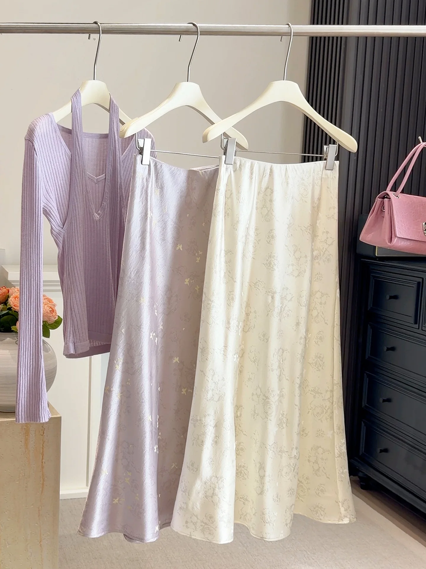 New Chinese Style Satin Fishtail Skirt Women High Waist A Line Butterfly Jacquard Acetic Acid Flowy Midi Skirt