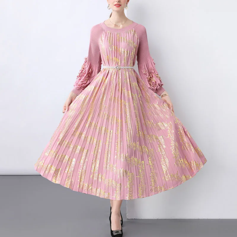 HKSH 秋の新女性ヨーロッパスタイルのハイストリートエレガントな気質ドレスイントレンドプリーツスプレーゴールド大きな裾のドレス HK8277