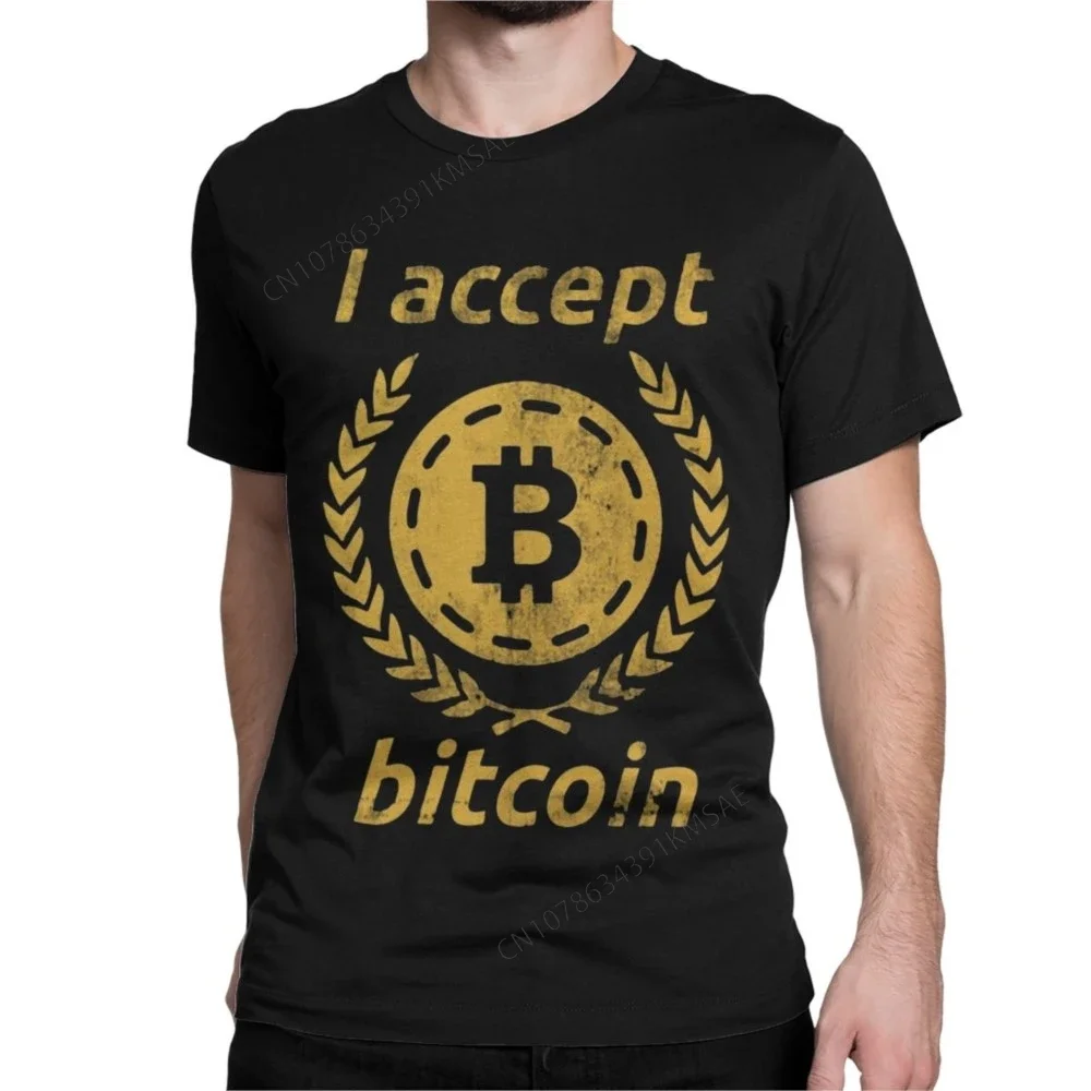 Men Women's I Accept Bitcoin Digital Currency Funny T Shirts Cotton Tops Vintage Short Sleeve Crewneck Tee Shirt Printed T-Shirt