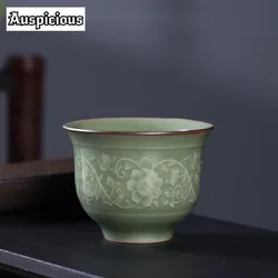 30ml Antique Glazed Longquan Celadon Teacup Interlocking Lotus Pattern Master Cup Chinese Meditation Cup Tea Bowl Kung Fu Teaset