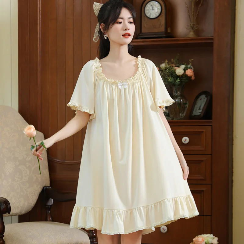 

Vintage Loose Night Dress Sweet Women Solid Color Robe Nightwear Fairy Short Sleeve Nightgown Summer Lace Round Neck Nightdress