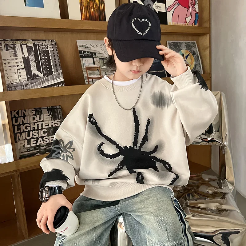 New Autumn Winter Children's Clothing for Boys with Spider Clothes Cotton Sweatshirt Kids Long Sleeve Insulated T-shirt 5-14 Yrs