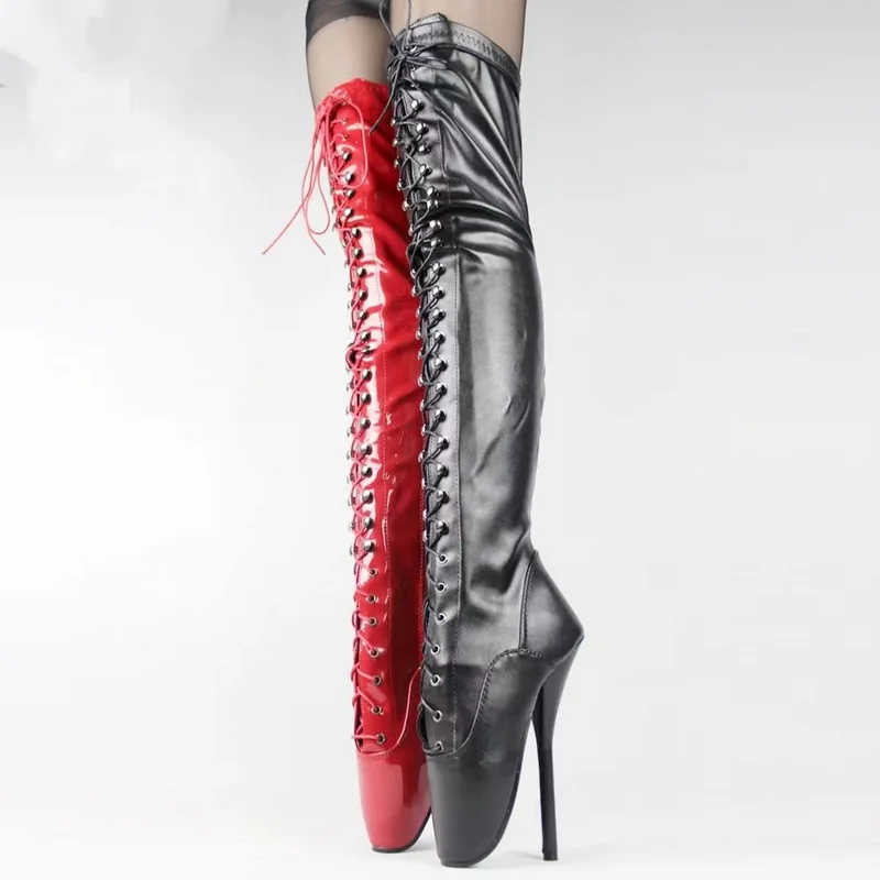 FHC Extreme 18cm Women High Heeled Thigh Boots,Cross-tied Over The Knee Long Botas,Fetish Ballet Shoes,Plus Size 46,Dropship,