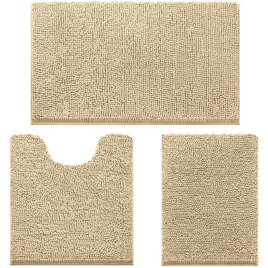 

3 Pieces Bathroom Rugs, Ultra Soft Non Slip Absorbent Chenille Toilet Bath Mat Set Beige