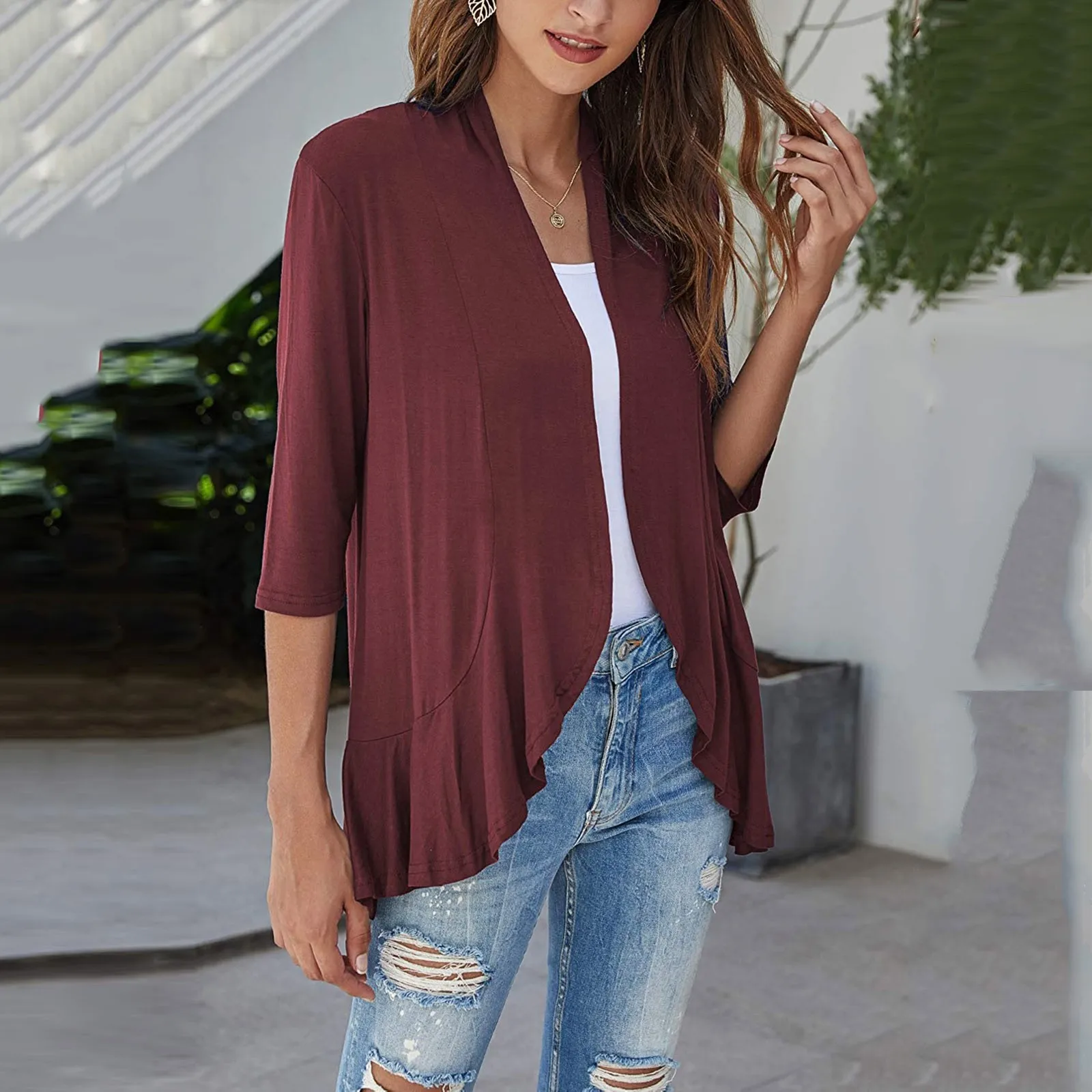 2024 Spring Summer Women Hollow Out Cardigan Female Beach Boho Tops Three Quarter Sleeve Solid Color Sunscreen Shirt Clothing