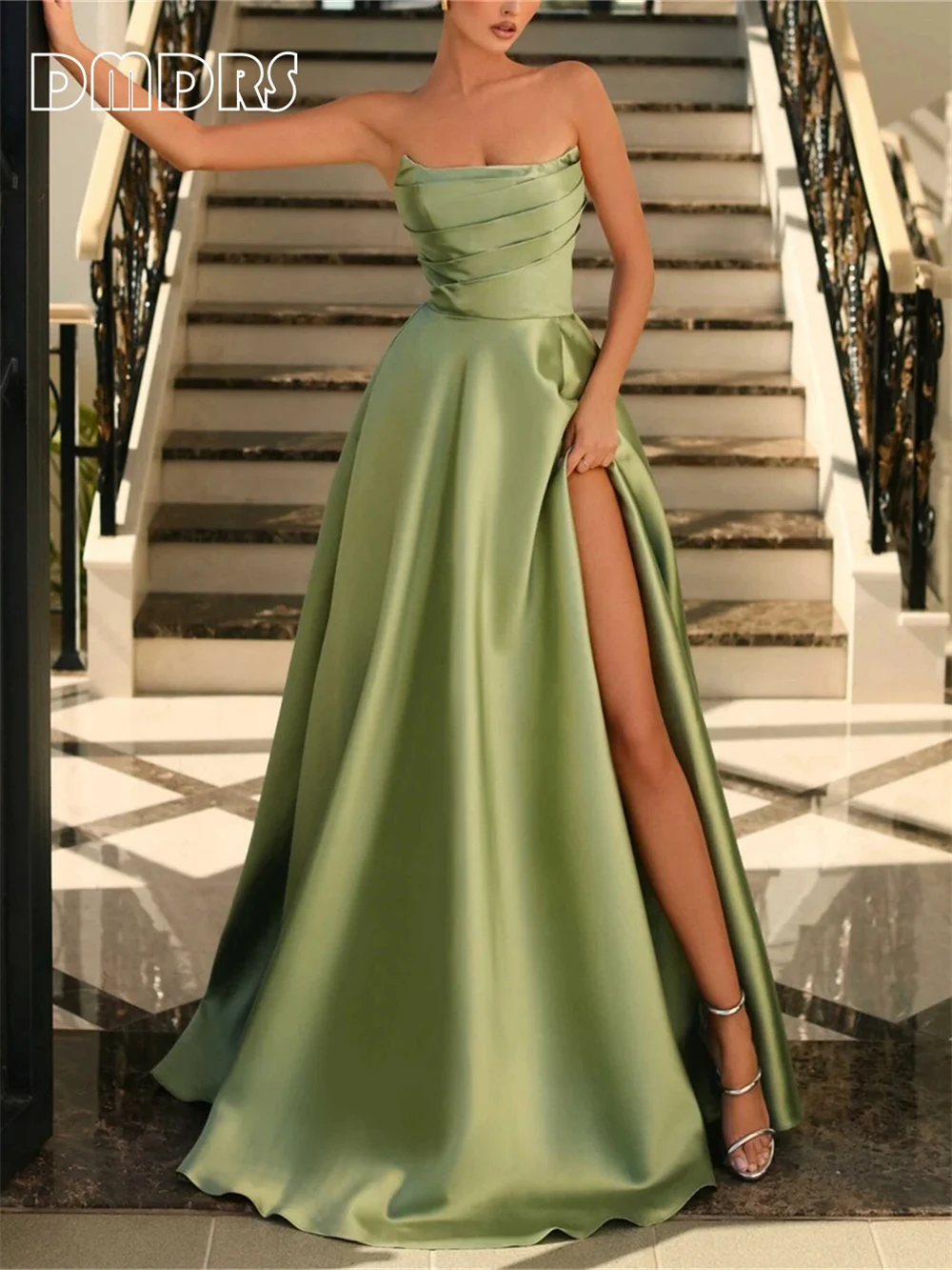 

Strapless Satin Long Evening Dress with Side Slit Customized Solid Formal Party Gown Dinner Date Prom Bridesmaid Dresses