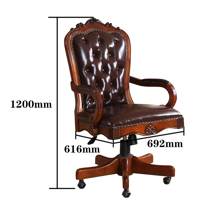 American Villa Genuine Leather Executive Chair Vintage Engraving Solid Wood Home Office Lifting Swivel Chair