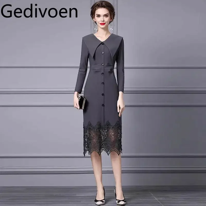 Gedivoen Hollow Out Lace Splicing Fashionable Dress Women's Turn-Down Collar Long Sleeved Single-Breasted Elegant Dresses