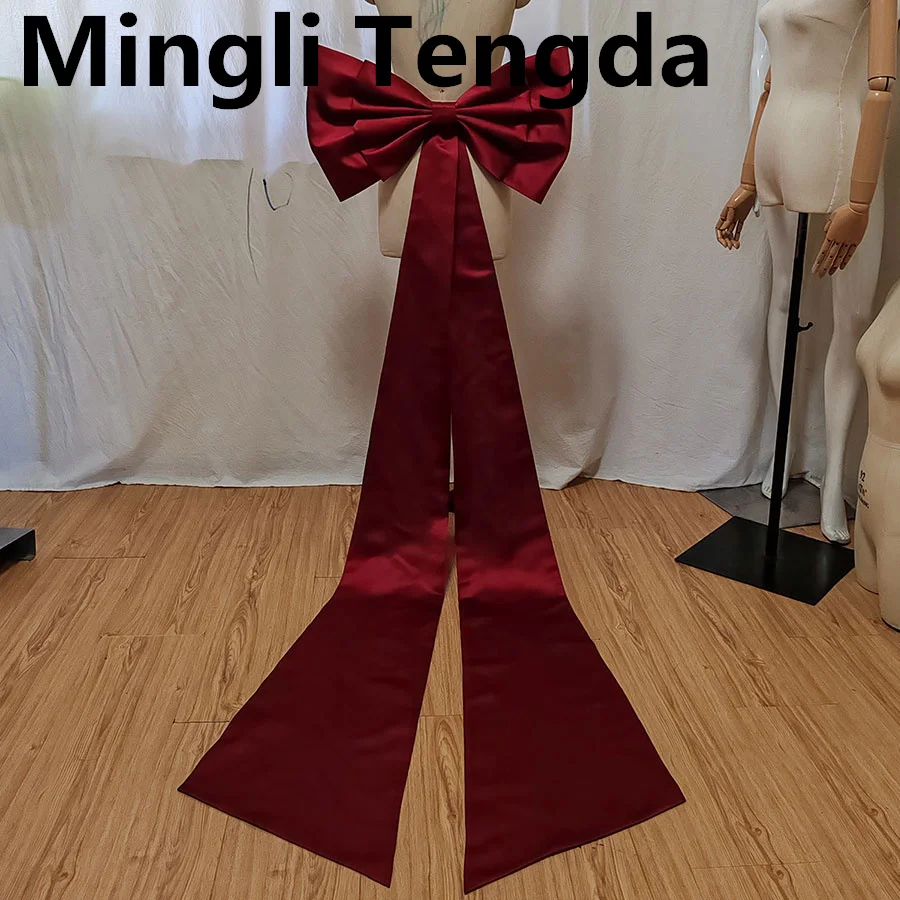 Mingli Tengda Seperate Burgundy Satin Black Big Bow Tie Wedding Knots Removeable Prom Dresses Belts With Pin Women Accessories