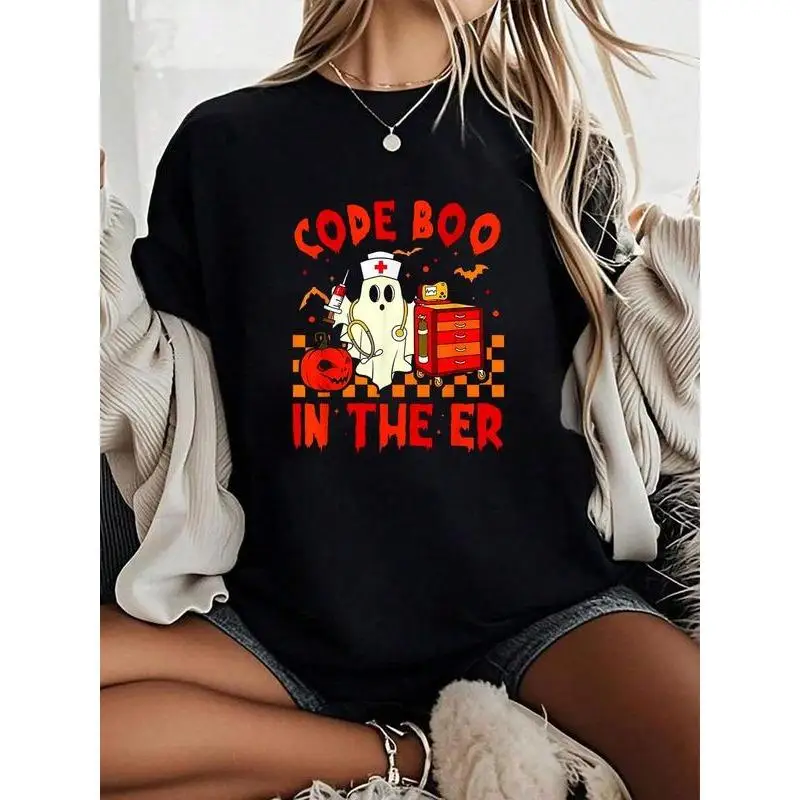 

Women's Code Boo In The ER T-shirt Funny Halloween Nurse Ghost Graphic Top Spooky Season