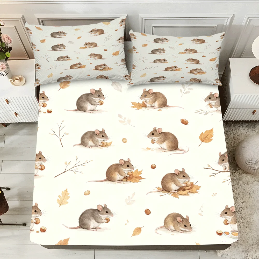 3-Piece Mattress Protector Set, Minimalist Style, Super Cute Mouse Maple Leaf Mattress Cover, Suitable for All Seasons, Machine Washable, Can Be Used in Home, Dormitory, Master Bedroom, Guest Room, Soft and Skin-Friendly, Dust-Proof and Mite-Proof, High Elasticity Fit