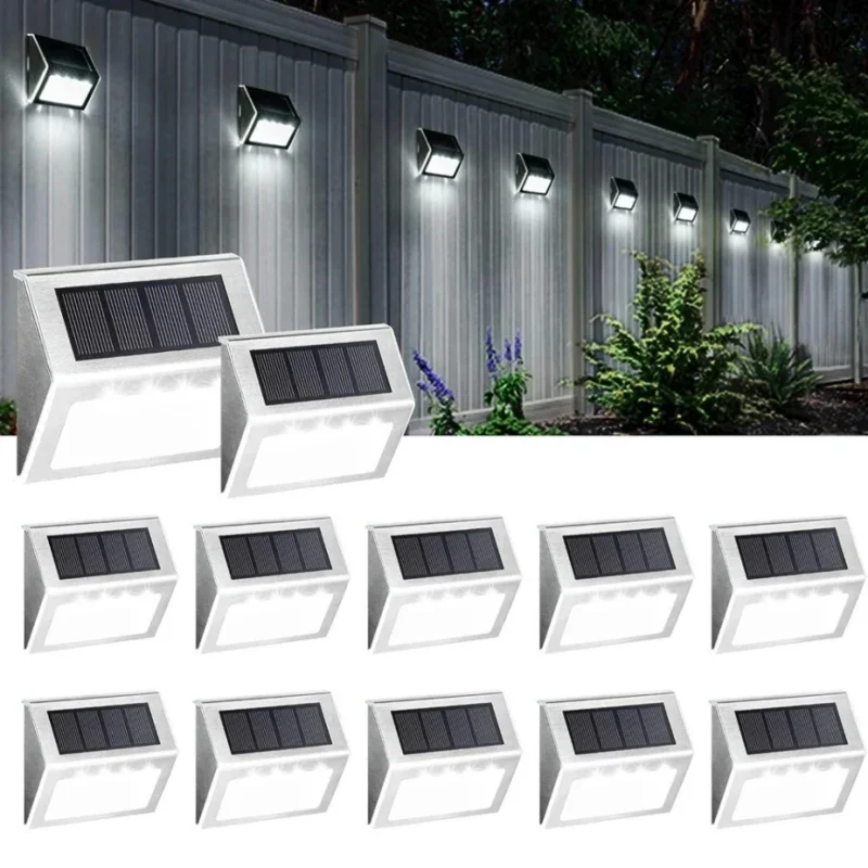 1-12Pack 3LED Solar Outdoor Stainless Steel Step Light Waterproof Garden Fence Decor Wall Lamp for Patio Street Yard Balcony