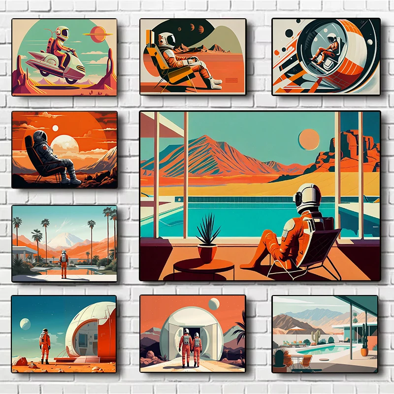 Mid-Century Retro Space s Pool Scene Astronauts Relaxing on Mars Poster Canvas Painting Wall Art Pictures Home Room Decor