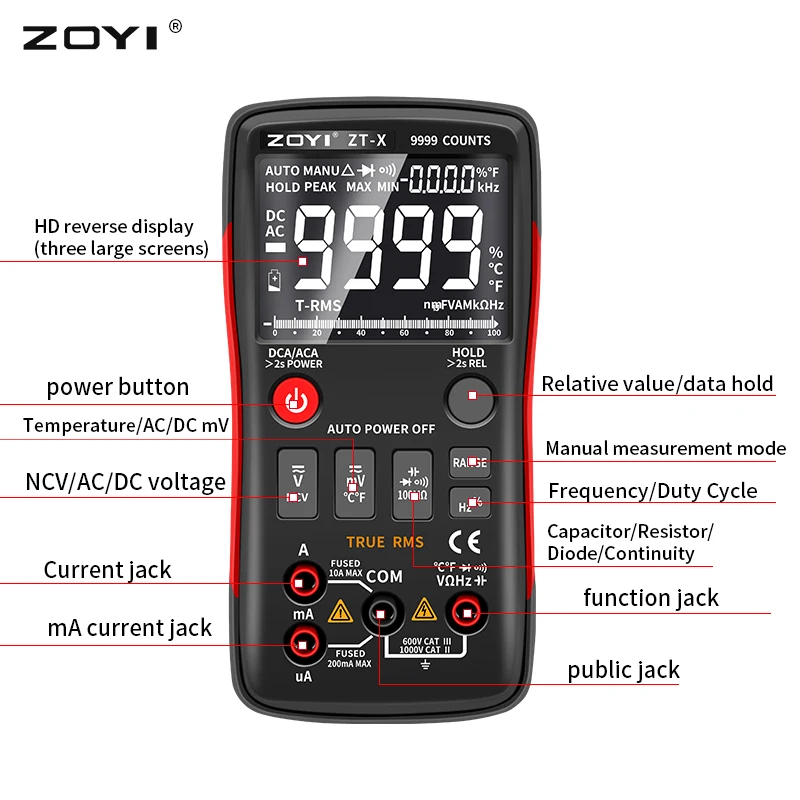 Digitale Multimeter Zoyi ZT-X ZT-303 T-RMS Auto Range Ebtn Lcd Dc Ac Voltmeter Ampèremeter Stroomcondensator Ohm Temp Hz Ncv Tester