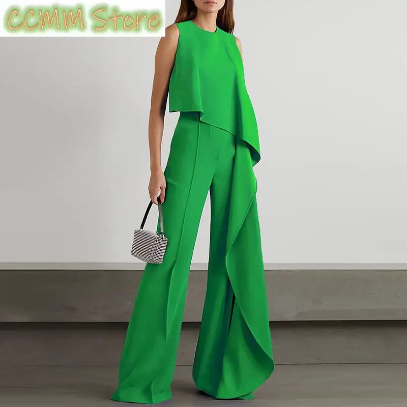 Women Tank Top High Waist Wide Leg Pants Irregular Zipper Jumpsuit Summer Sleeveless O Neck Ruffle Overalls Fashion OL Playsuits