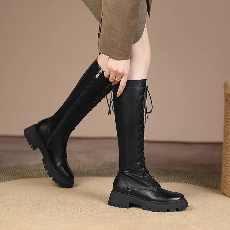 2023 New Genuine Leather Lace-up Boots Women Zip Fashion Knee High Boots Thick Fur Winter Warm Motorcycle Boots Platform Boots