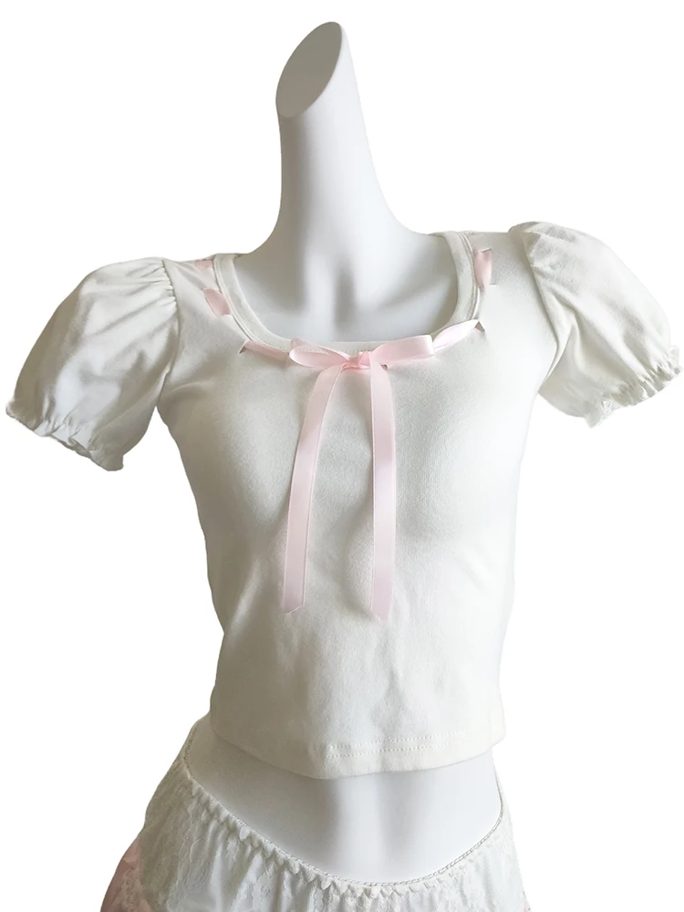 

Белые футболки для милых девушек, облегающие Короткие хлопковые футболки с бантом из розовой ленты и буффами на рукавах, кавайная одежда, летние топы, футболки