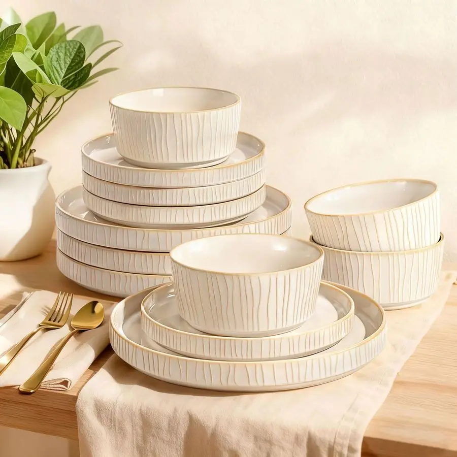 

Stoneware Dinnerware Sets for 4, 12 Pcs Ribbed Reactive Glaze Ceramic Plates and Bowls Sets, Chip Resistant, Microwave Dishwashe