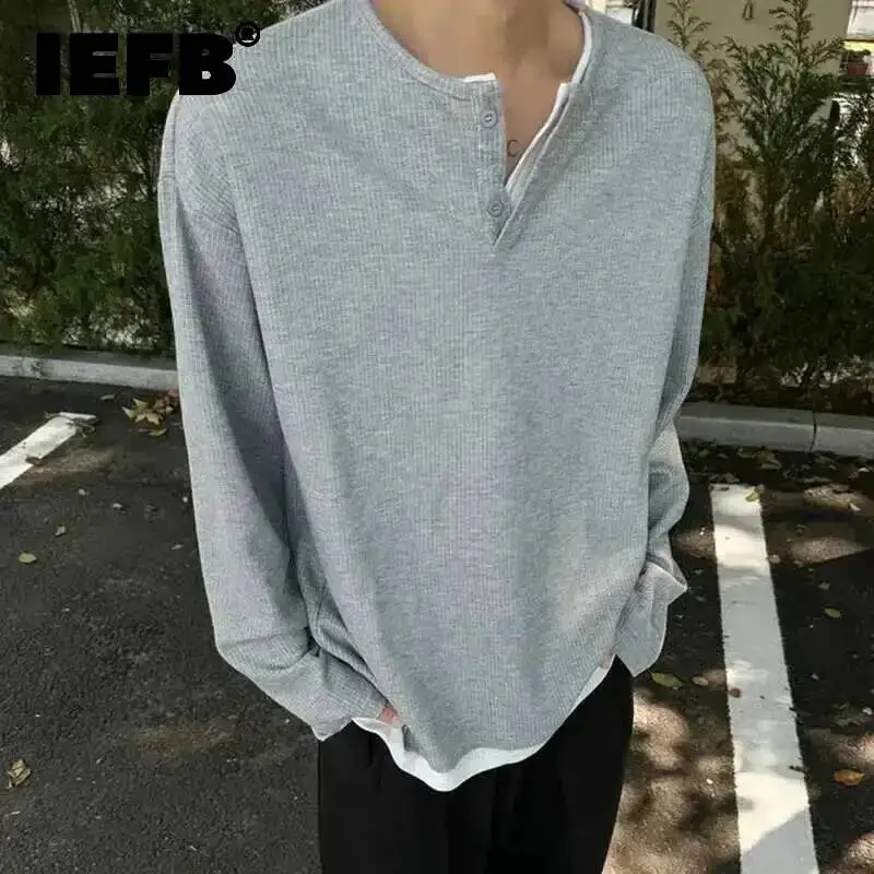 Simpel Men's T-shirts Double Layer Patchwork Round Collar Contrast Color Casual Tops Long Sleeve Knitting Male Tees CSD45