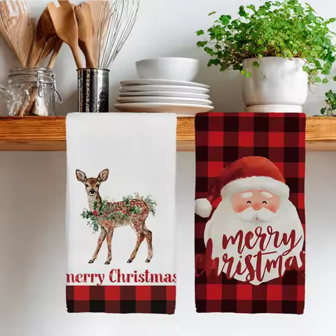 2PCS Christmas Grid Patterned Santa Claus Elk Holly Kitchen Towel Dish Cloths Holiday for Kitchen Towel Christmas Decor 40x60cm