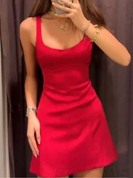 Women Backless Mini Red Party Dress Spring New Fashion Back Hollow Design Silk Satin Sleeveless Dress for Women Retro Vestidos