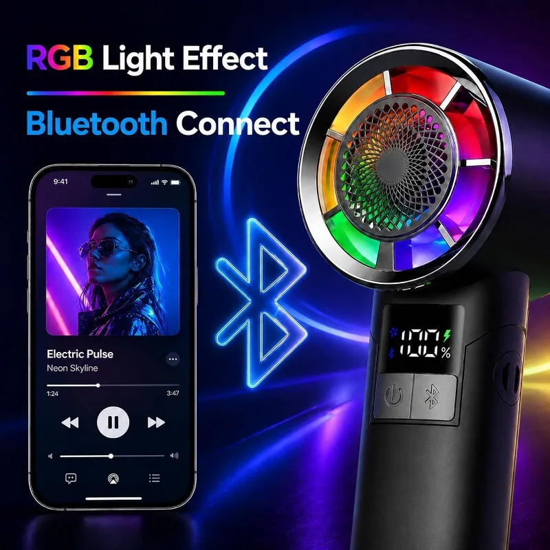 2 in 1 Portable Handheld Fan with Bluetooth Speaker RGB Lighting USB Rechargeable Foldable Design for Travel Camping Outdoor