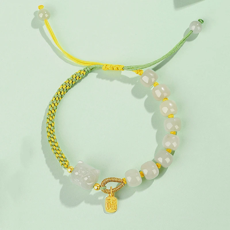 Awakening Lion Natural Hotan Jade Bracelet S925 Sterling Silver Woven DIY Female Handcraft Lucky Card Gift Hand Rope