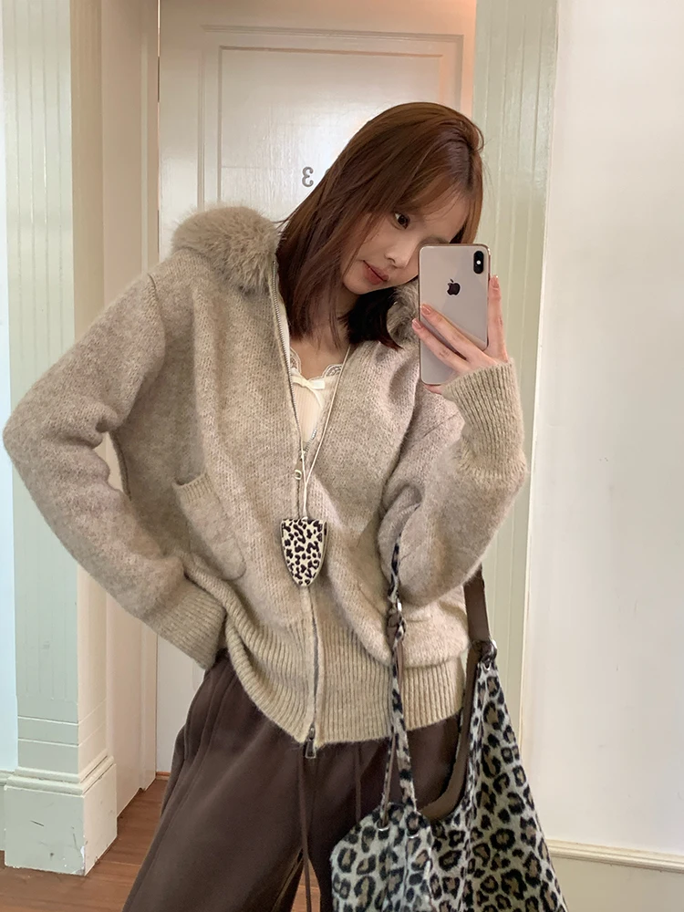 Autumn Winter Beige Long Sleeve Versatile Zipper Sweater Korean Women's Khaki Elegant Holiday Hooded Cardigan Short Knitted Tops
