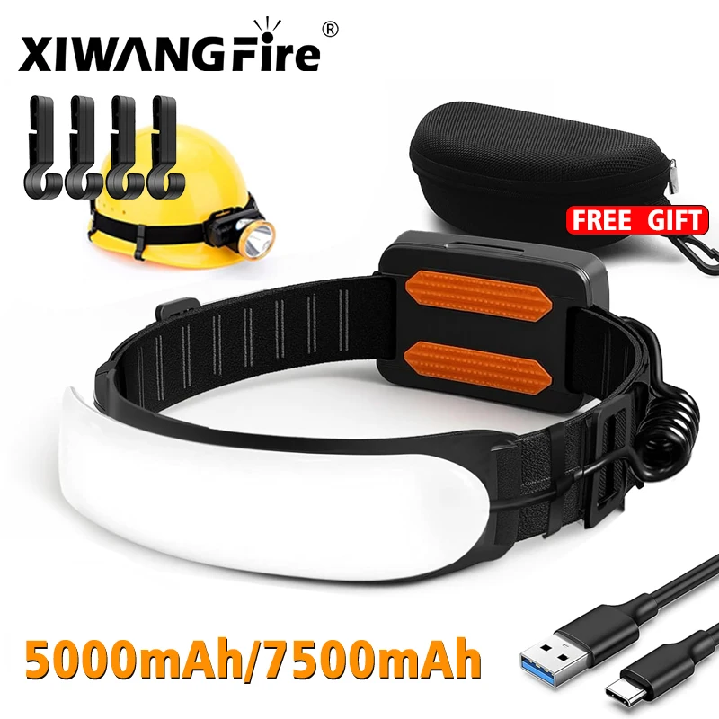 

230 ° Широкий COB светодиодный налобный фонарь, перезаряжаемый через USB, 5000/7500 мАч, прожектор, водонепроницаемый фонарь для кемпинга, езды на велосипеде, аварийный фонарь