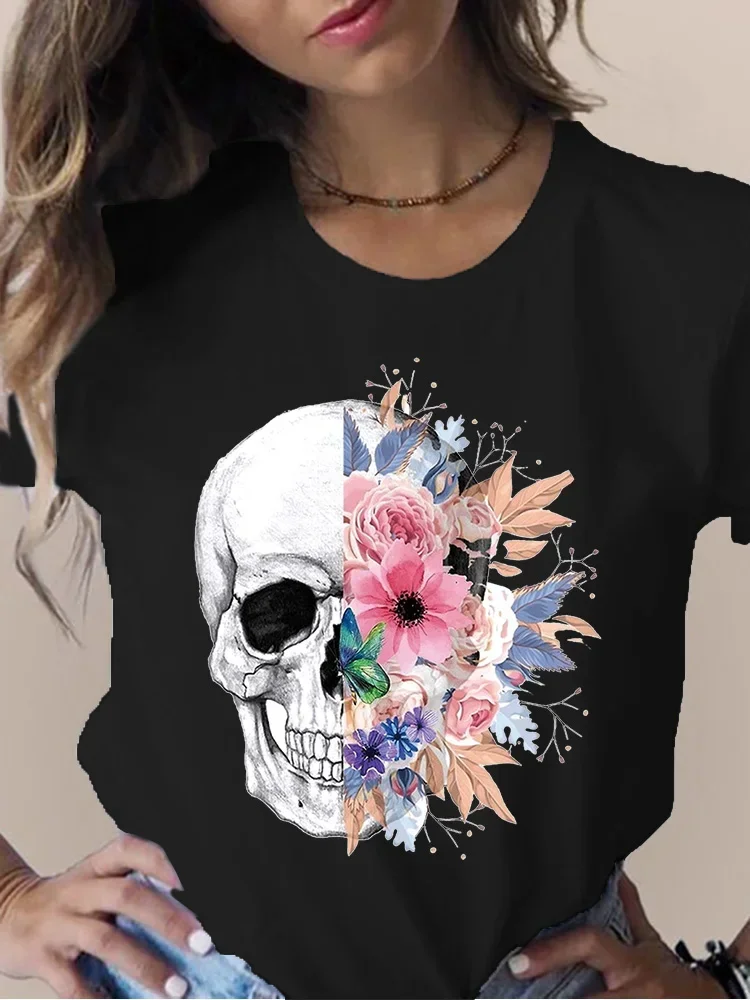 Cartoon Graphic Tee T-Shirt Casual Short Sleeve Skull Butterfly Tops Print T Shirt Lady Fashion Summer Funny 90s Women Tshirts