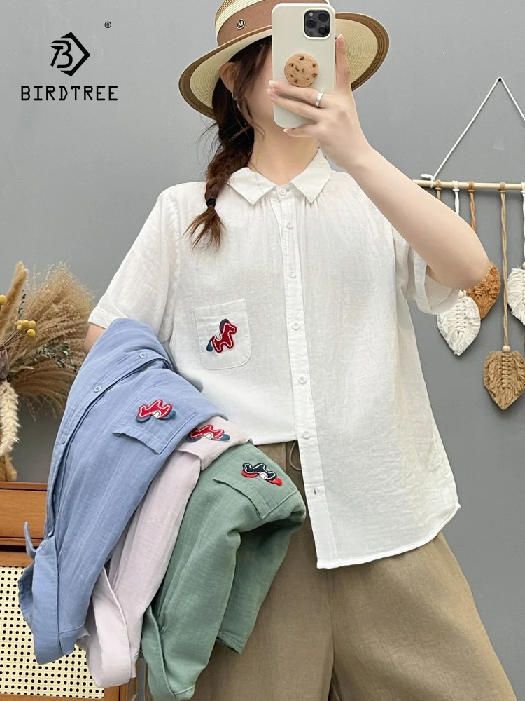 

New 2026 Summer Women Cotton Yarn Short Sleeve Shirt, Lapel Embroidery, Mori Girl Casual Japan Style Thin Loose Blouse T64385CC