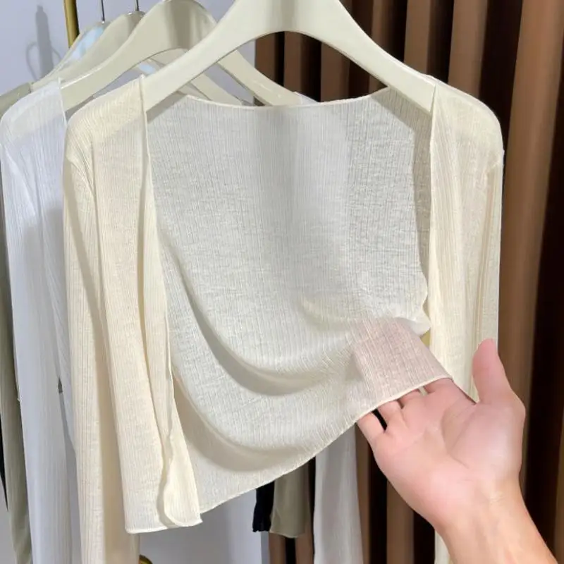Women Thin Knitted Cardigan Sun Protection Long Sleeve Lightweight Cooling Sweater Summer Outdoor Travel Essential