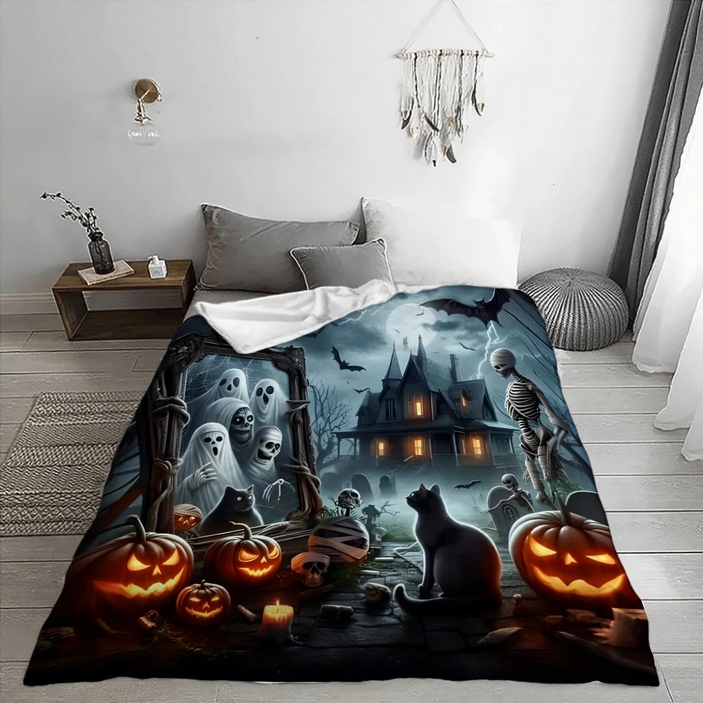 Halloween Ghosts And Pumpkins, Spooky Season Gift, Soft Cozy Blanket, Haunted House Design, Multi-Purpose Home Decor, Warm Fleec