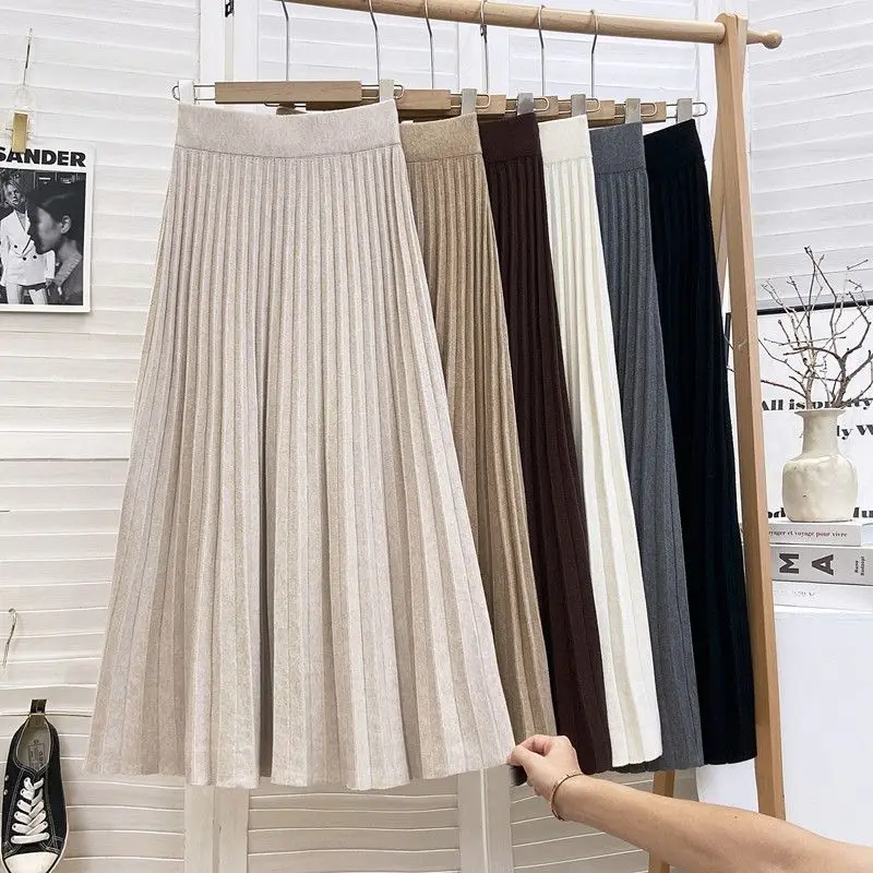 ارتفاع الخصر ألف خط محبوك تنورة صغيرة المرأة الخريف الشتاء فضفاض التخسيس ميدي تنورة الطابق طول تغطي الورك نمط أنيق #4