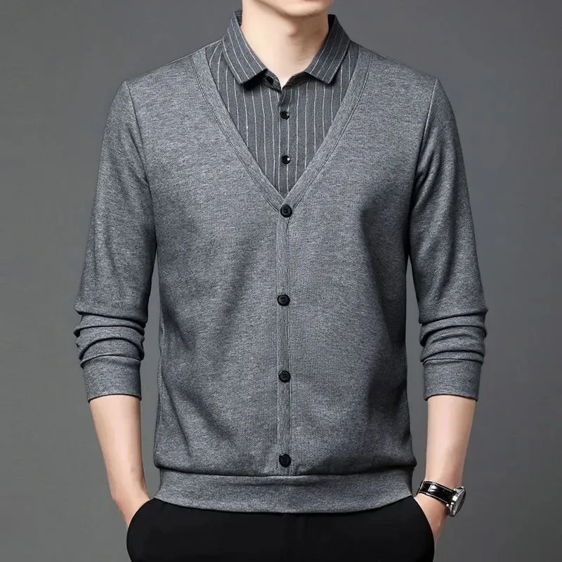 

Мужской свитер-рубашка с флисовой подкладкой, имитация двухслойного дизайна, с воротником-стойкой, V-образным вырезом, на пуговицах, повседневный, теплый пуловер