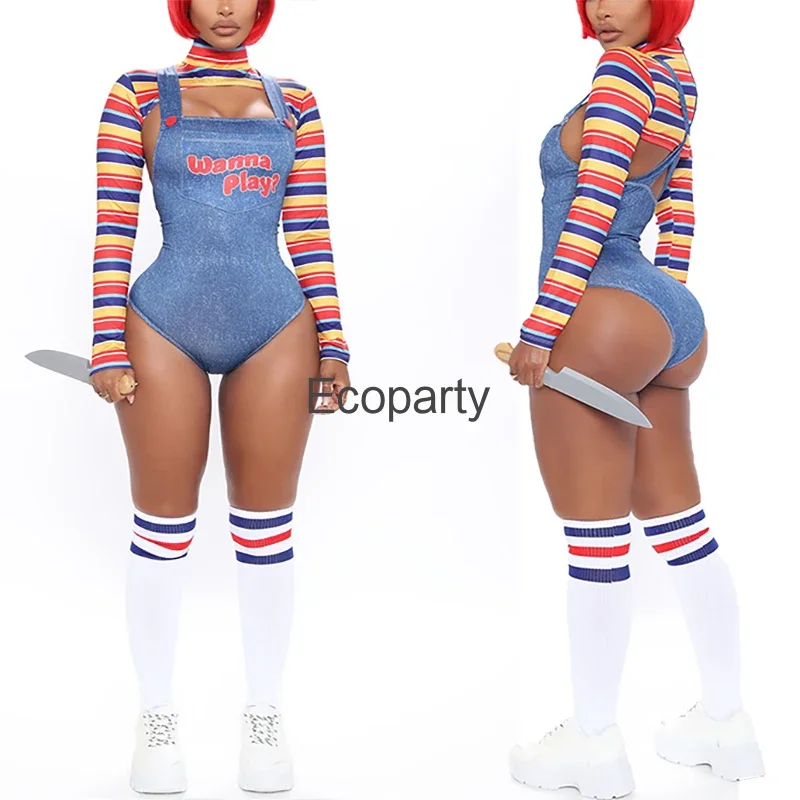 5xl Women Halloween Chucky Doll Cosplay Costume Scary Nightmare Killer Doll Outfits 2pcs Sexy Bodycon Jumpsuit Stripe Tops Suit