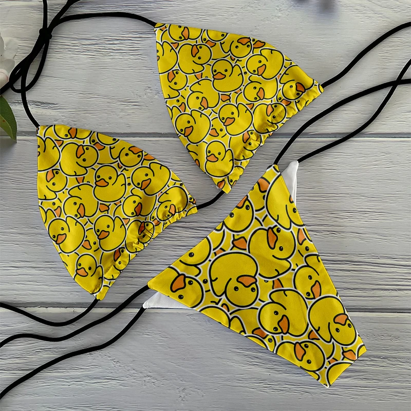 Cartoon yellow duck bikini beach surfing vacation ladies bikini halter low waist sexy card 3D printed swimsuit two-piece suit