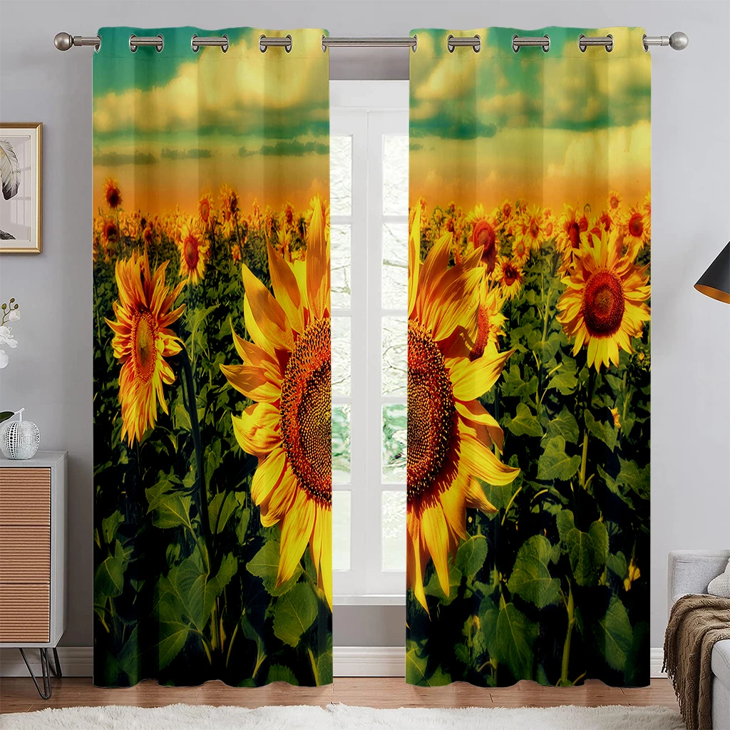 2 Piece Sunflower Sea Curtain Golden Epic Living Room Bedroom Kitchen Balcony Window Decor Kitchen Short Section