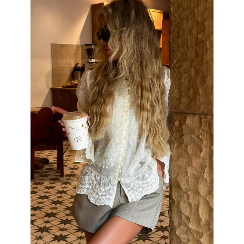 Royal Style Embroidered Horn Sleeve Lace Shirt Spring And Autumn Women'S Light Luxury Soft Date Photography Casual V-Neck Shirt