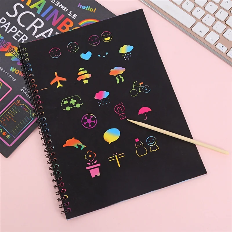 2PCS Scratch Paper Notebook Black DIY Rainbow Art Paper Card Neon Scratch Book With Wood Stick
