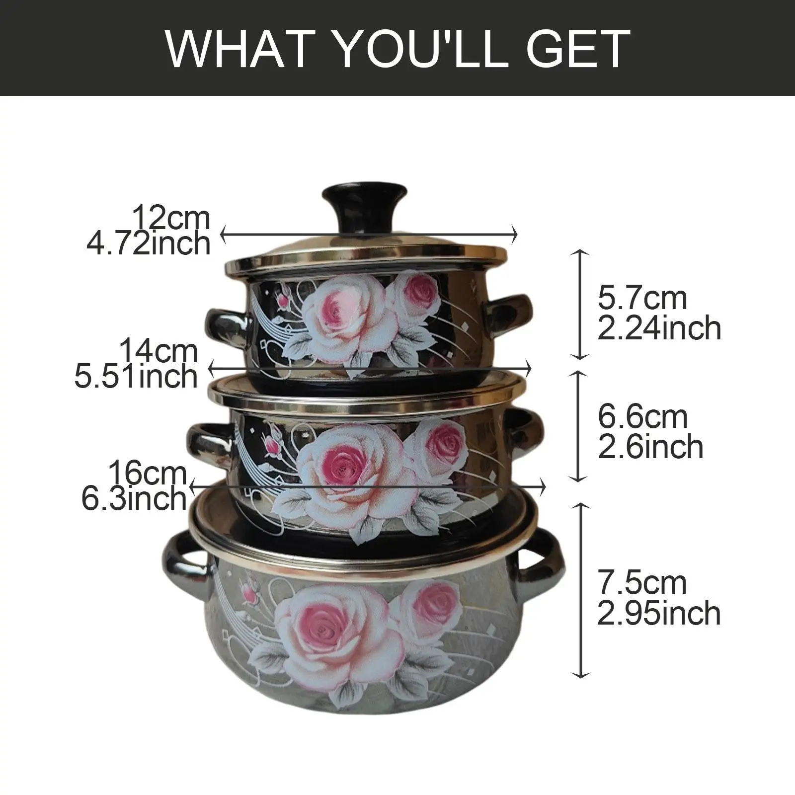 3x أواني المينا أوعية الطبخ الحساء المحمولة مرآة الورد الصقيل المطبخ الحساء