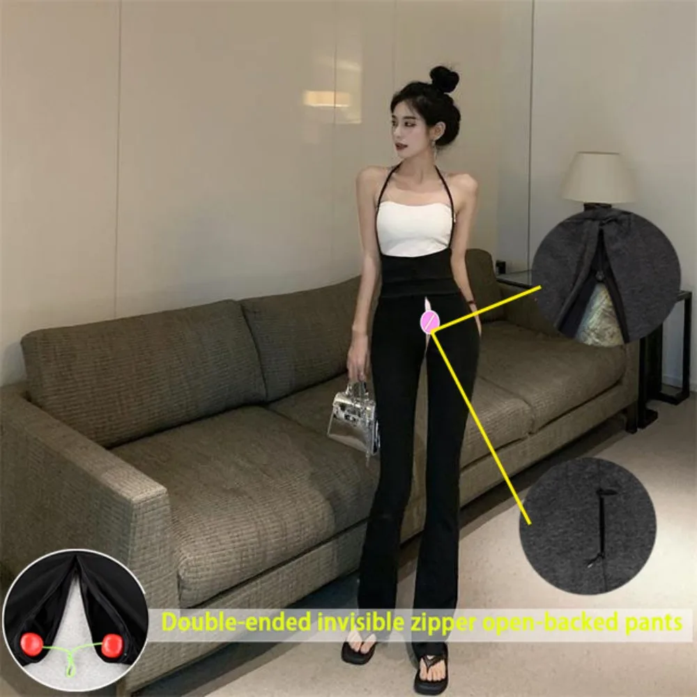 Women's Invisible Zipper Open Crotch Pants Trend Flared Pants Women High Waist Suspenders Jumpsuit Outdoor Sex Diapers Overalls