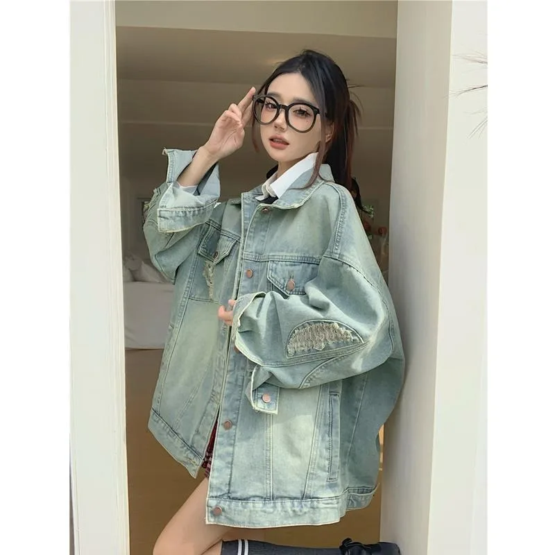 Wear and Tear Hole Light Gray Blue Denim Jacket 2024 Women's Early Spring Design Sense Versatile Loose BF Style High-end Jackets