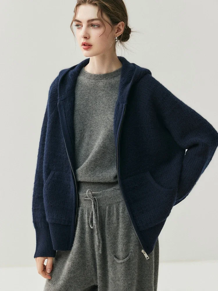 High-Quality Clothes 100% Cashmere Women's Cardigan Sweater Autumn Winter Coat Hooded Zip Cardigan Warm Soft Fashionable Jacket
