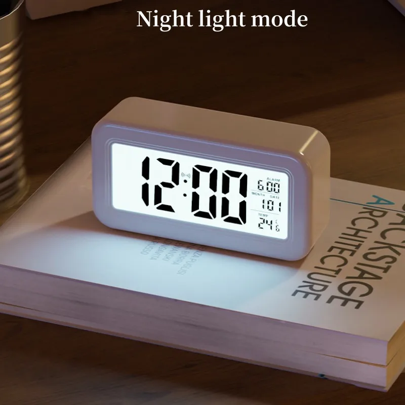 Battery Powered Digital Alarm Clock Temperature Date With Backlight Snooze Table Clock 12/24H Mute Bedside Electronic LCD Clock